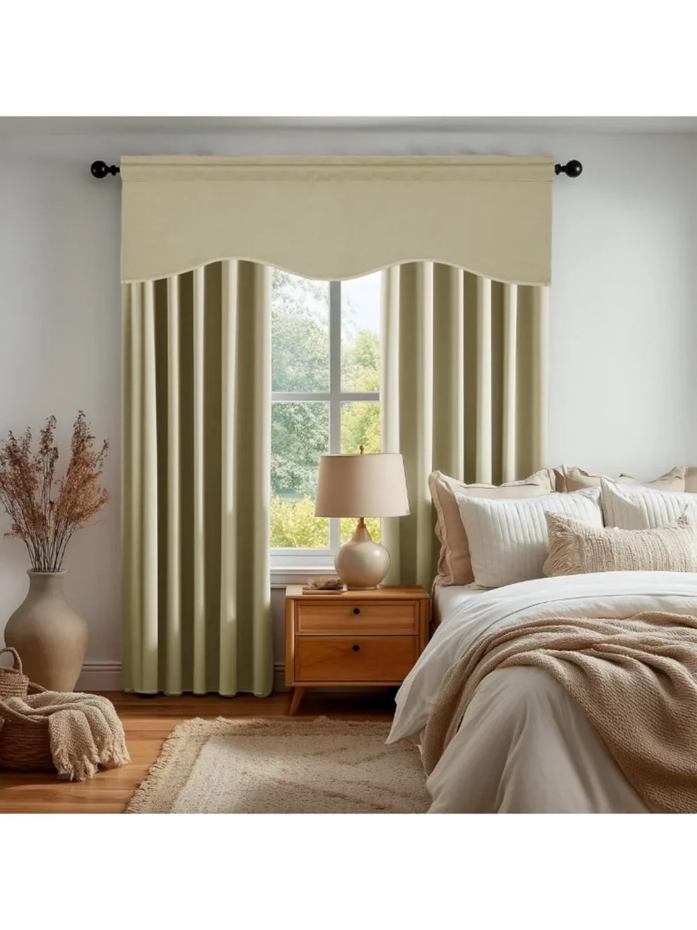 Beige Scalloped Room Darkening Valance Curtain for Kitchen & Living Room, 52x18